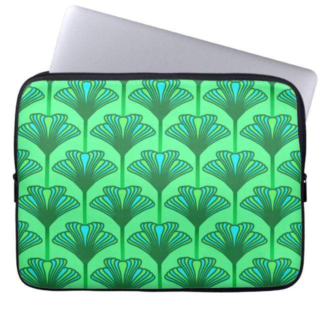 Art Deco Lily, Jade Green and Turquoise Laptop Sleeve (Front)