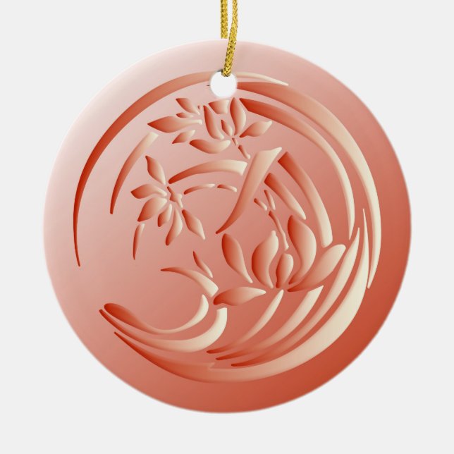 Art Deco Lily pattern - coral orange Ceramic Tree Decoration (Front)