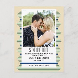 Art Deco Lines Blue Teal Gold Photo Save The Date Announcement Postcard