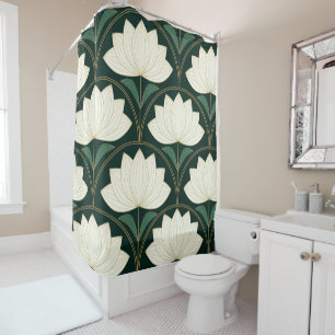Art Deco Lotus Flowers on Golden Fans Pattern  Shower Curtain