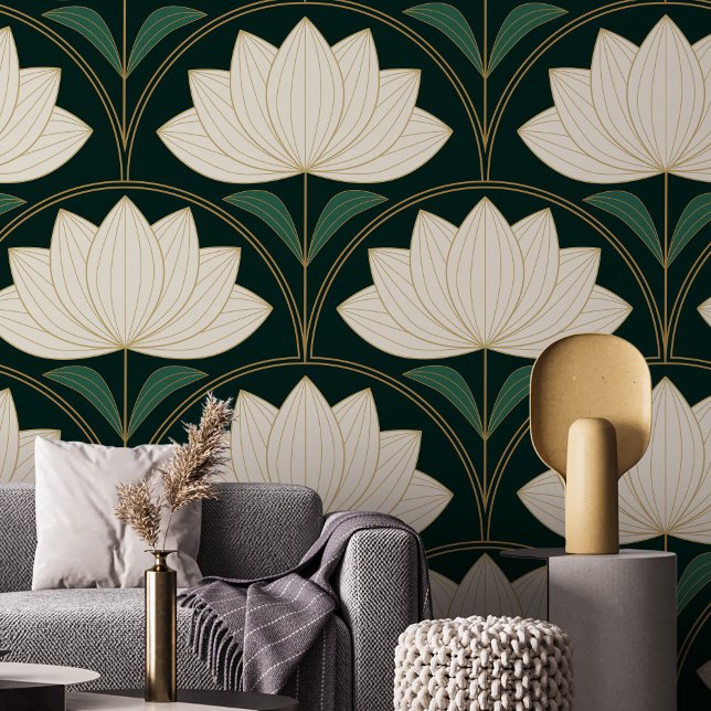 Art Deco Lotus Flowers on Golden Fans Pattern  Wallpaper (Creator Uploaded)