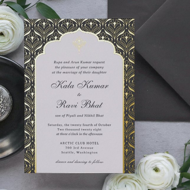 Art Deco Lotus Gold Floral Wedding (hindu wedding invitation, indian wedding invitation, gold foil art deco wedding invite, mundap arch)