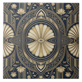 Art Deco Lotus Mandala Navy & Gold Geometric Patte Tile