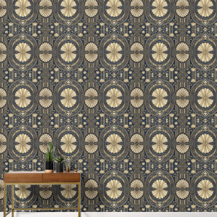 Art Deco Lotus Mandala Navy & Gold Geometric Patte Wallpaper