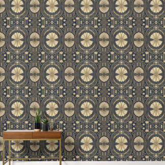 Art Deco Lotus Mandala Navy & Gold Geometric Patte Wallpaper