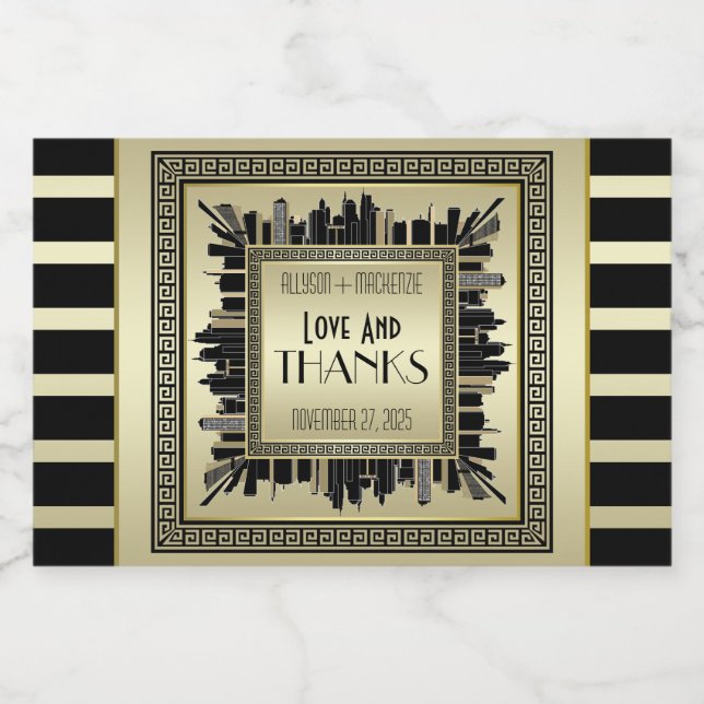 Art Deco Love & Thanks Wedding Sparkling Wine Gold Sparkling Wine Label (Single Label)