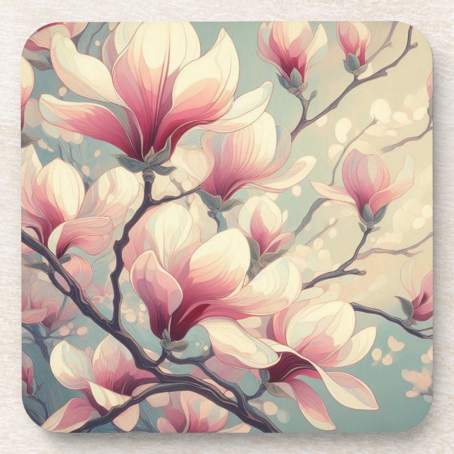 Art Deco Magnolia Blossoms Hard plastic coaster  (Front)