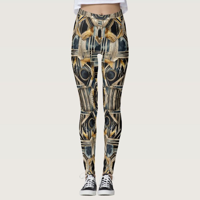 Art-deco marble Black and gold Jazzy Geometric  Leggings (Front)