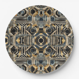 Art-deco marble Black and gold Jazzy Geometric Paper Plate