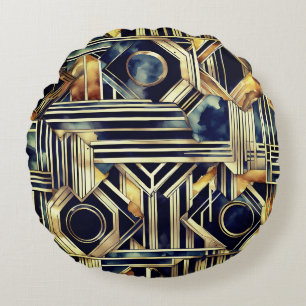 Art-deco marble Black and gold Jazzy Geometric Round Cushion