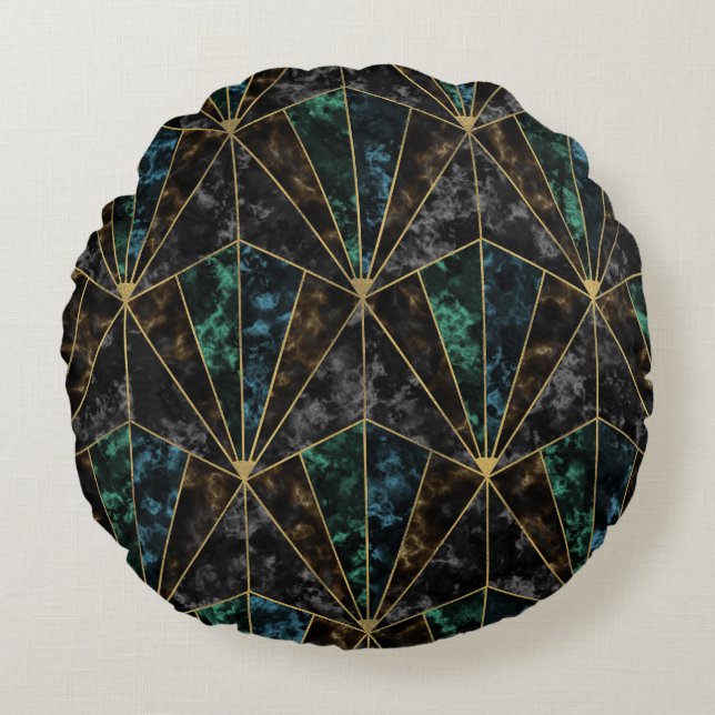 Art Deco Marble: Malachite Luxury Round Cushion (Front)