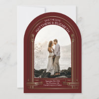 Art Deco Maroon Red Bronze Arch Save the Date