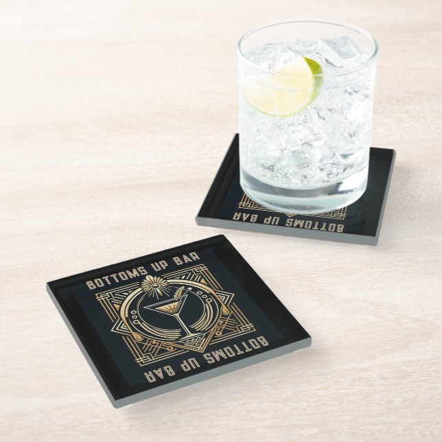 Art Deco Martini Bar Logo Glass Coaster (Angled)