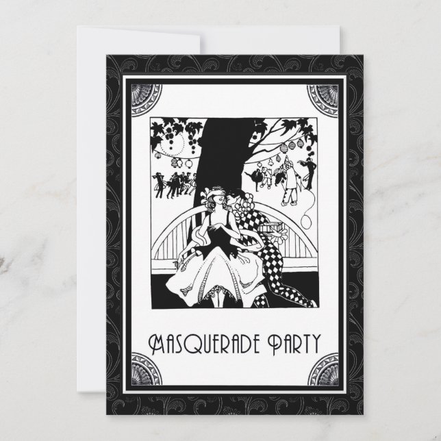 Art Deco Masquerade Party in Black and White Invitation (Front)