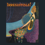 Art Deco Mavis Perfume Advertisement Poster<br><div class="desc">Vintage art deco design of woman with a shower of blossoms and the caption "Irresistible!"  Colourful purples,  blues and golds. Vintage Mavis Perfume.</div>