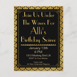 Art Deco Mermaid Scales - Black & Gold Invitation Postcard