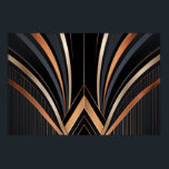 Art Deco Metallic Geometric Elegance Poster<br><div class="desc">This abstract Art Deco design exudes luxury and sophistication with its sweeping metallic arcs in gold, copper, and grey against a deep black background. Symmetrical curves converge towards a central focal point, framed by sharp angular lines and vertical patterns, evoking glamour and retro elegance. Perfect for elevating home decor, office...</div>