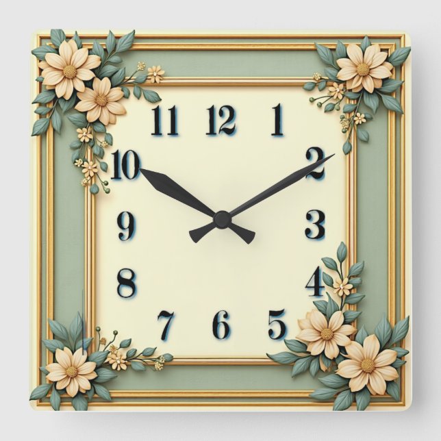 Art Deco Mint Flower Square Wall Clock (Front)