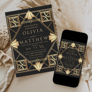 Art Deco Modern Black and Gold Geometric Wedding  Invitation