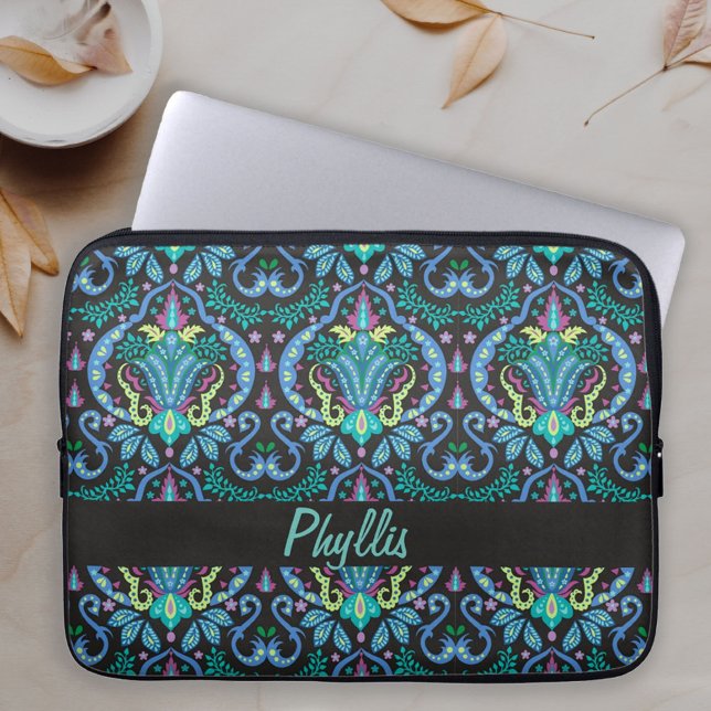 Art Deco Modern Black Turquoise Name Personalised Laptop Sleeve (Modern Damask in Turquoise, Teal and Black pattern with name personalized across a laptop case)