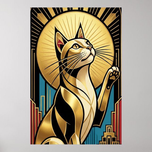 Art Deco Modern Golden Tuxedo Cat Wall Art (Front)