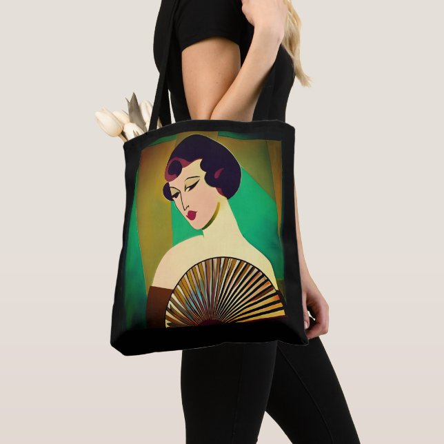 Art Deco Modern Lady with a Fan Tote Bag (Close Up)