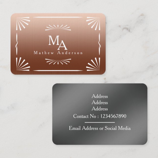 Art Deco Monogram Copper Personal  Business Card (Front/Back)