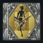 Art Deco Monogram Flapper 1920s Woman Black Gold Square Wall Clock<br><div class="desc">Striking vintage type image in black and gold with a 1920s flapper dancing in the art deco style. 3 letter monogram allows you to add your initials.</div>