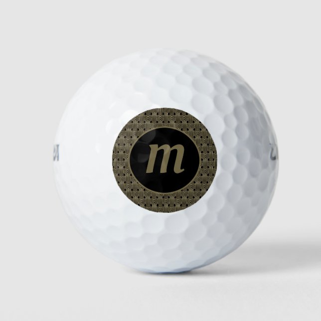 Art Deco Monogram Gold Black Golf Balls (Front)