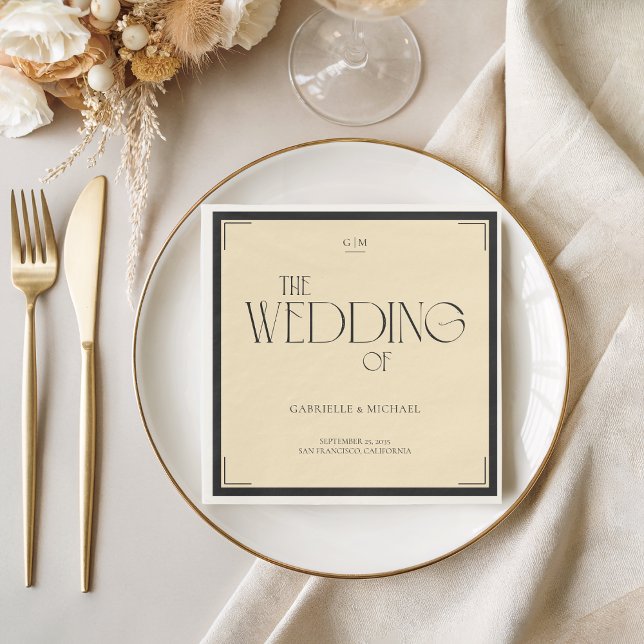 Art Deco Monogram Wedding Napkin Black Cream (Creator Uploaded)