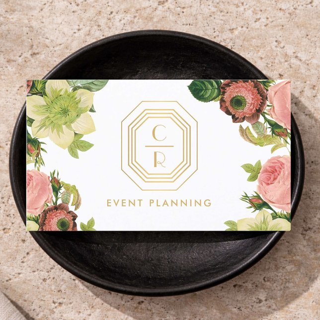 Art Deco Monogram Wedding Planner Floral Business Card (Creator Uploaded)