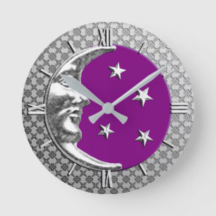 Art Deco Moon and Stars, Amethyst and Silver Round Clock
