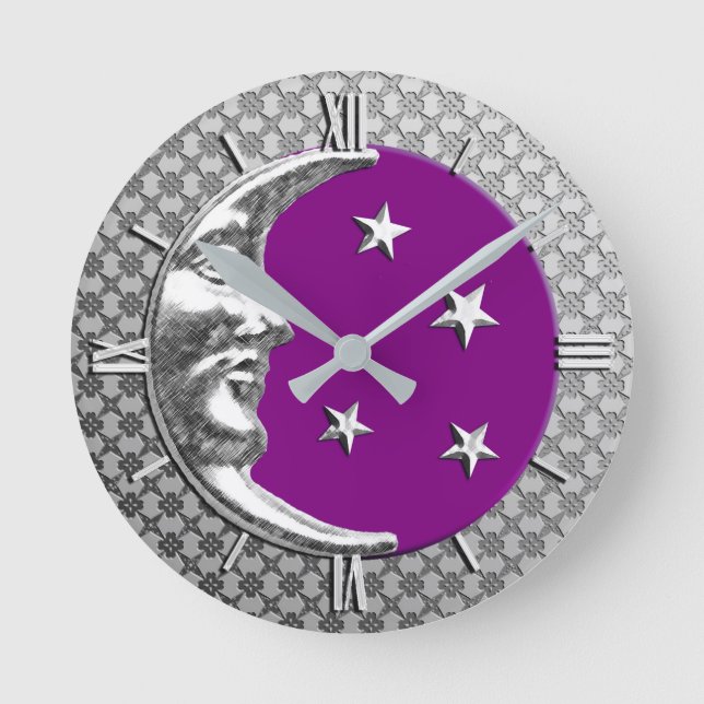 Art Deco Moon and Stars, Amethyst and Silver Round Clock (Front)
