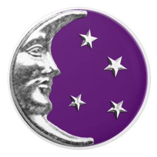 Art Deco Moon and stars - Amethyst Purple & Silver Ceramic Knob