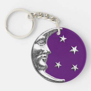 Art Deco Moon and Stars - Amethyst Purple & Silver Key Ring