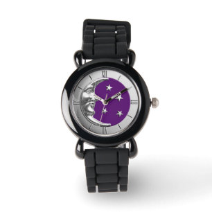Art Deco Moon and Stars - Amethyst Purple & Silver Watch