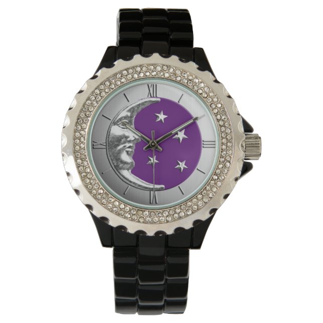 Art Deco Moon and Stars - Amethyst Purple & Silver Watch (Front)