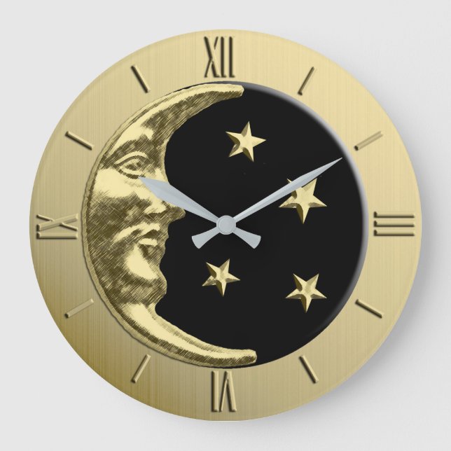 Art Deco Moon and Stars - Black and Gold Large Clock (Front)