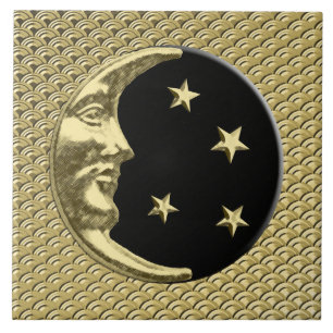 Art Deco Moon and stars - Black and Gold Tile