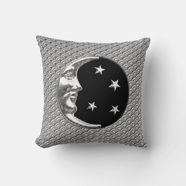 Art Deco Moon and stars -  Black and Silver Cushion (Front)