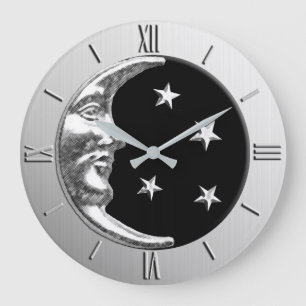 Art Deco Moon and Stars - Black and Silver Large Clock