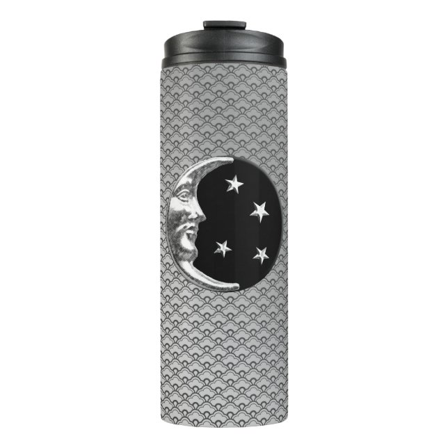 Art Deco Moon and Stars, Black and Silver Thermal Tumbler (Front)