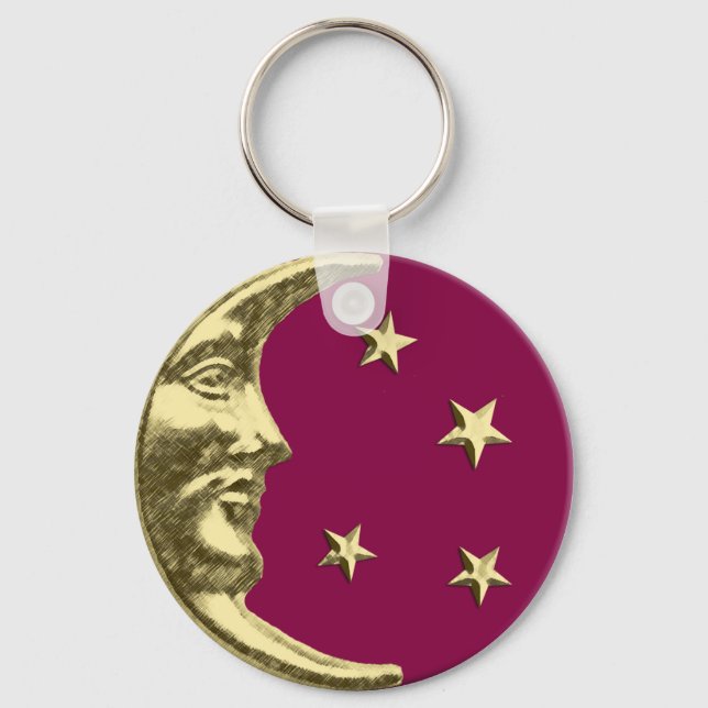 Art Deco Moon and Stars - Burgundy and Gold Key Ring (Front)