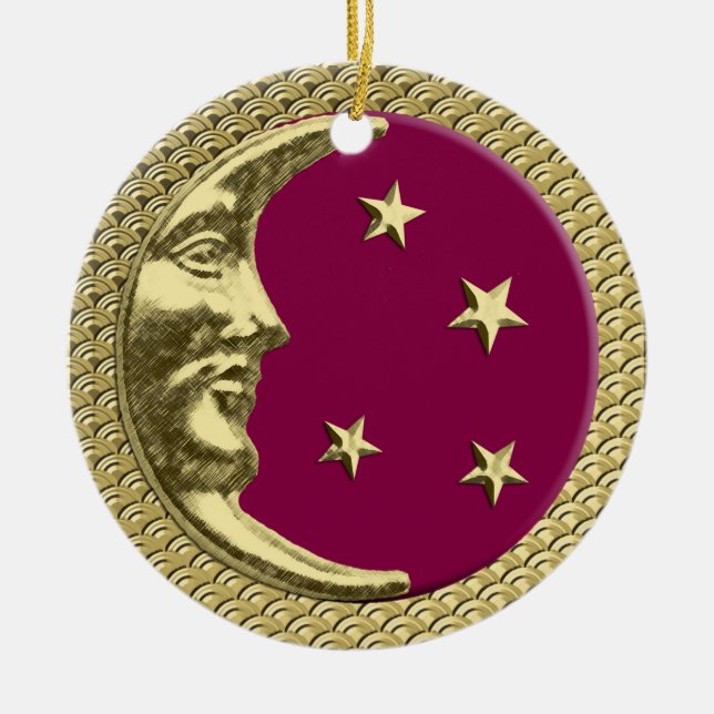 Art Deco Moon and Stars Burgundy & Gold Background Ceramic Tree Decoration (Front)