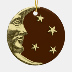 Art Deco Moon and Stars - Chocolate Brown & Gold Ceramic Tree Decoration