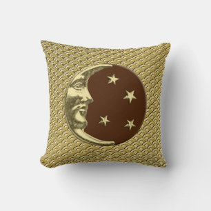 Art Deco Moon and stars - Chocolate Brown & Gold Cushion