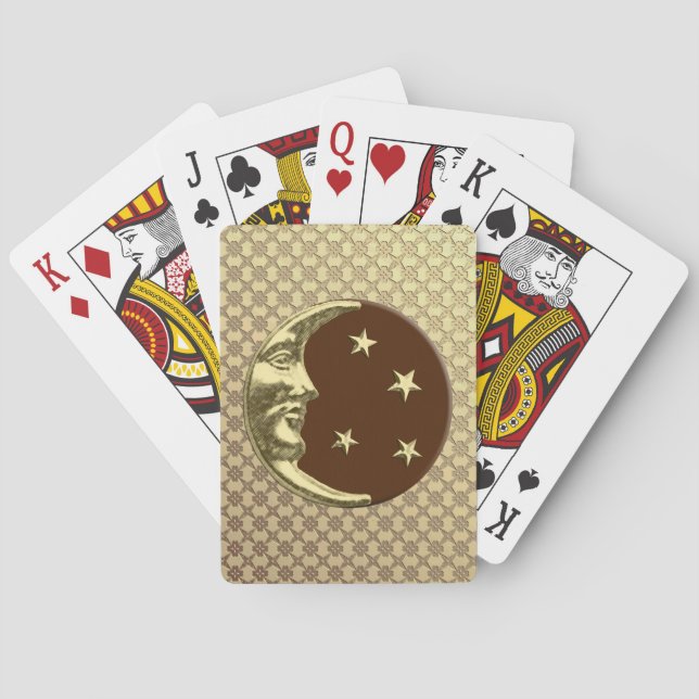Art Deco Moon and Stars, Chocolate Brown & Gold Playing Cards (Back)