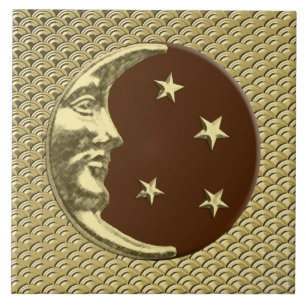 Art Deco Moon and stars - Chocolate Brown & Gold Tile