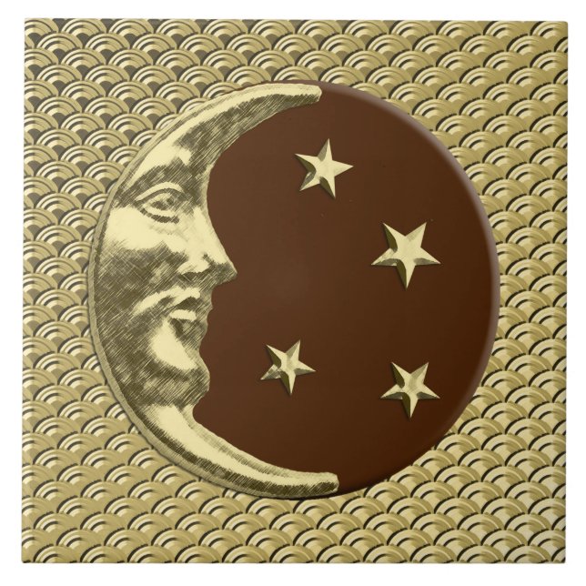 Art Deco Moon and stars - Chocolate Brown & Gold Tile (Front)