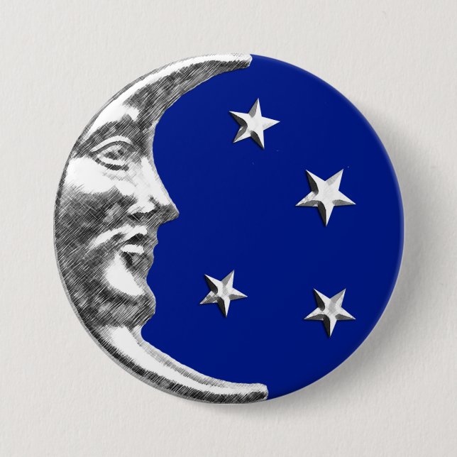 Art Deco Moon and Stars - Cobalt Blue and Silver 7.5 Cm Round Badge (Front)